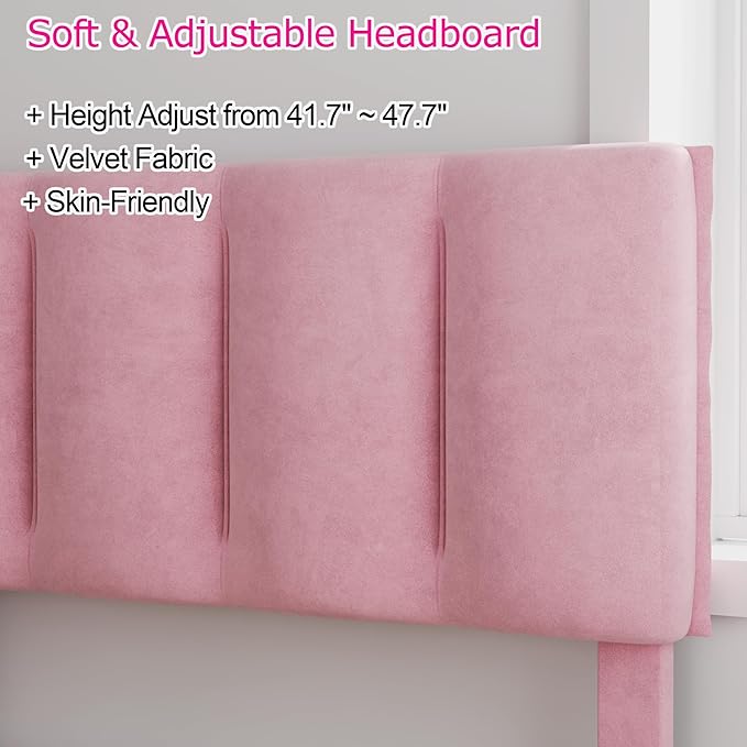 VECELO Twin Size Bed Frame with Storage Drawer, Heavy-Duty Bedframe with Tufted Headboard & Wooden Slats & Steel Framework, No Box Spring Needed, Pink