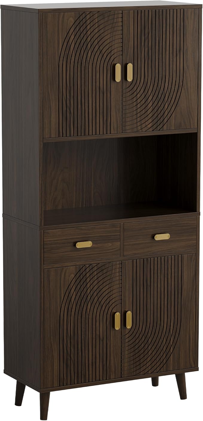 LIKIMIO 71.6" Tall Walnut Mid-Century Hutch Cabinet with Storage- 3 Adjustable Shelves, 2 Drawers, Multi-Room Pantry