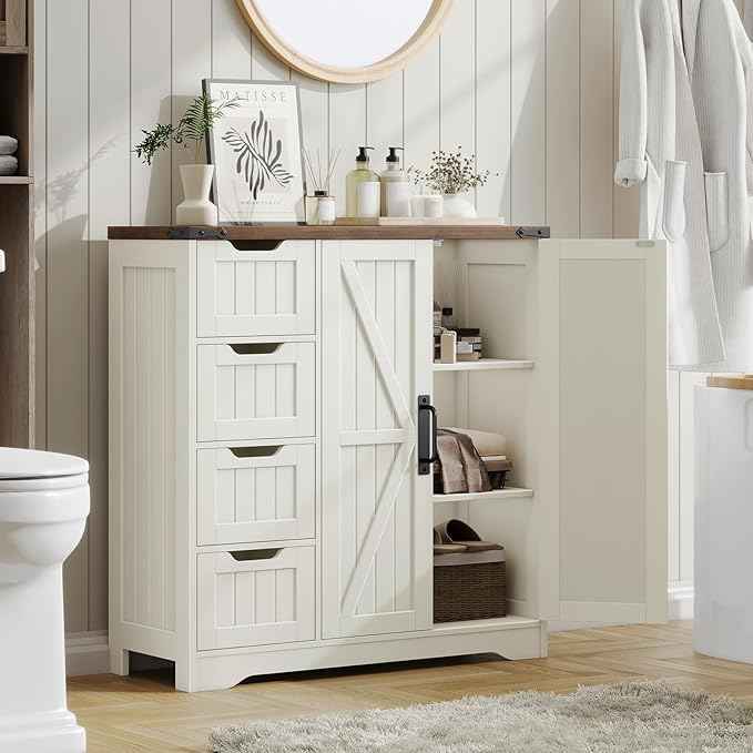 Vabches Farmhouse Bathroom Cabinet, Freestanding Storage Cabinet with 4 Drawers and 2 Doors, Rustic Storage Organizer with Adjustable Shelf for Bathroom, Living Room, Entryway, White
