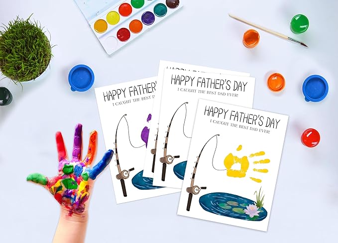 NZSXU I Caught The Best Dad Ever Handprint Craft DIY Kit, 10 Bulk Fathers Day Cards, 8.5x11 DIY Handprint Keepsake Art for Classroom Family Activity, Personalized Gifts for Dad from Daughter & Son