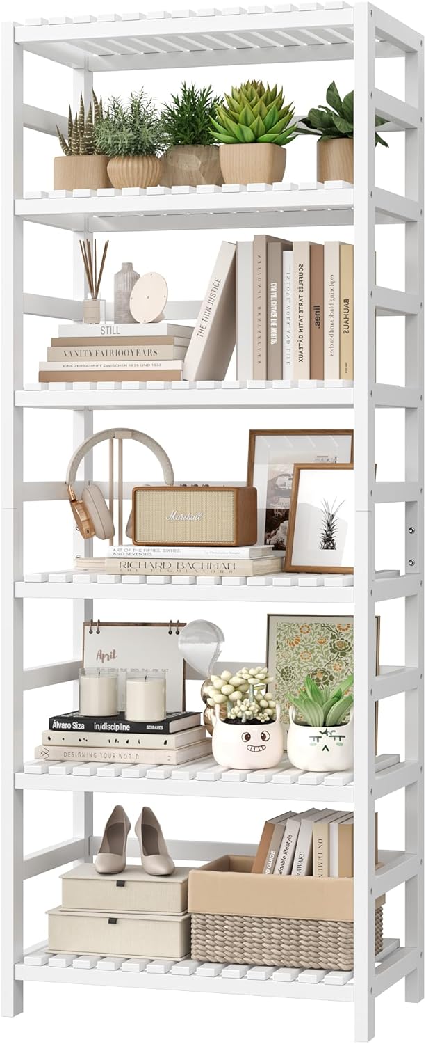 FOTOSOK 6-Tier Bamboo Shelf, Bamboo Bookcase with Adjustable Shelves, Free Standing Storage Shelf Unit, Plant Flower Stand for Bathroom, Kitchen, Home Office, White - Décor Diaries