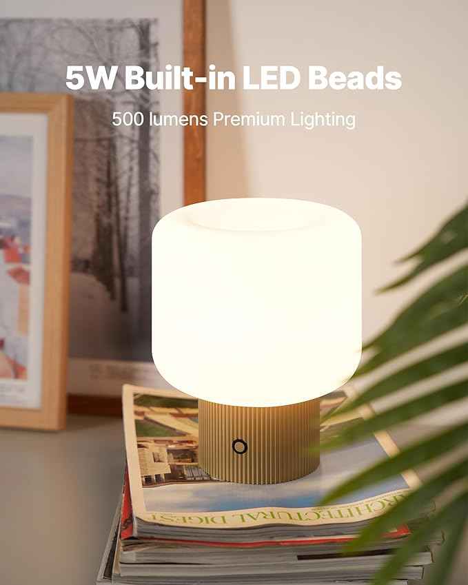 Halo Mushroom Lamp, 5W Cute Cordless Rechargeable Table Lamp with Glass Shade, 3 Color Temps LED Dimmable Ambient Lighting, Small Retro Touch Bedside Light for Bedroom Decor, Mustard Yellow