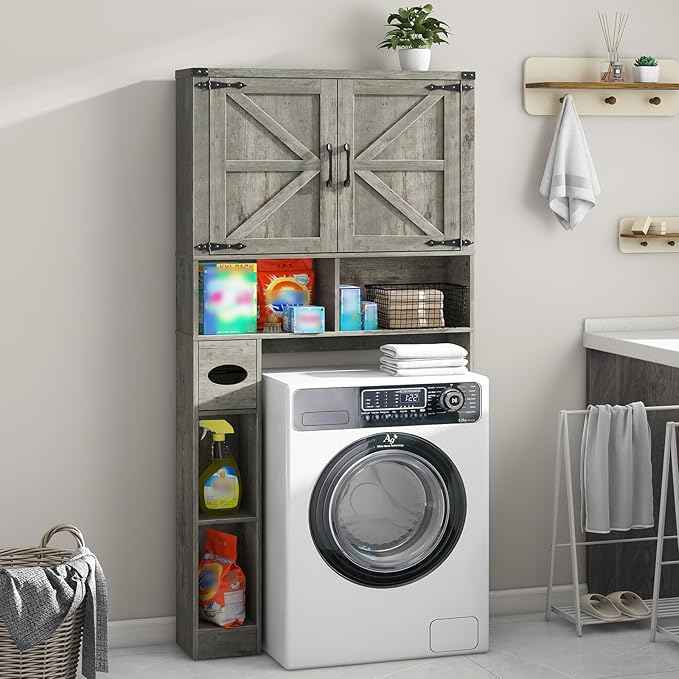 Vabches Over The Toilet Storage Cabinet, Farmhouse Storage Cabinet Over Toilet with 2 Barn Doors & Toilet Paper Holder Stand，Home Space-Saving Toilet Rack, for Laundry, Bathroom, Restroom.Grey Oak