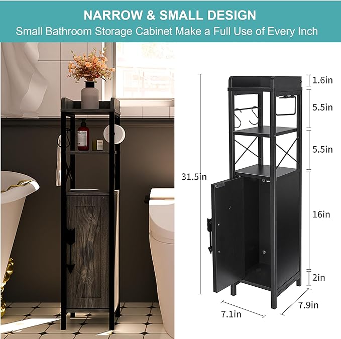 VECELO Small Bathroom Cabinet,Slim Toilet Paper Holder with Door&2 Shelves, Upgraded Narrow Storage Organizer for Restroom Bathroom Tiny Space,Metal Scroll Fenced Top Waterproof Coating,Black