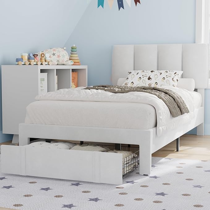 VECELO Twin Bed Frame with Storage Drawer, Heavy-Duty Platform Bedframe with Headboard & Strong Wooden Slats Support, No Boxing Spring Needed, Pure White