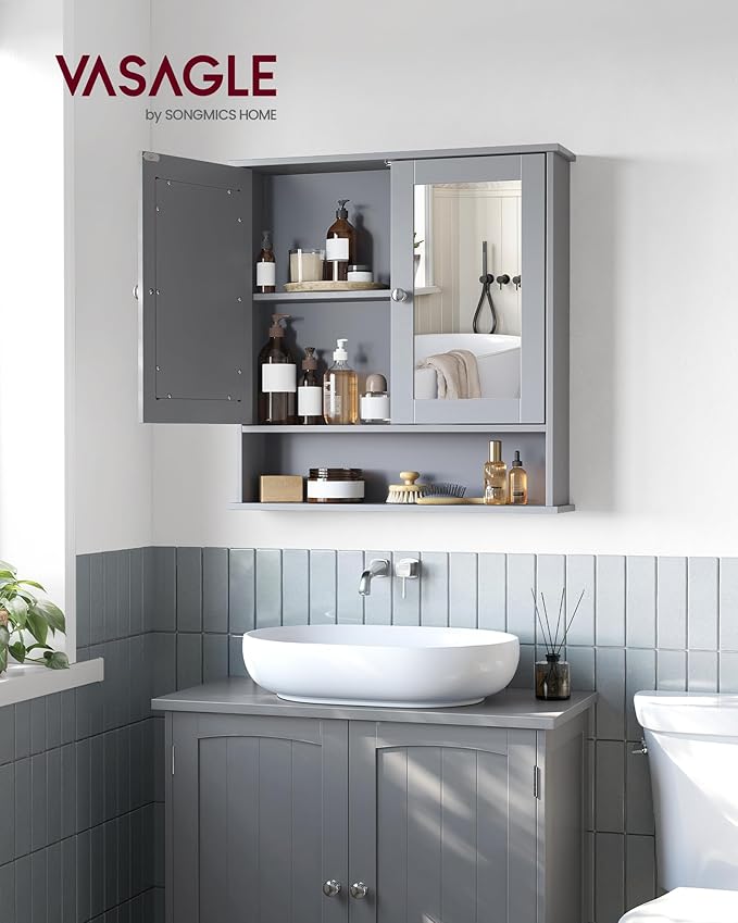 VASAGLE Bathroom Cabinet with Mirror, Wall Cabinet with 2 Mirrored Doors, Adjustable Shelf, Open Compartment, Wall-Mounted, 5.1 x 22.2 x 23 Inches, Dove Gray ULHC002G02