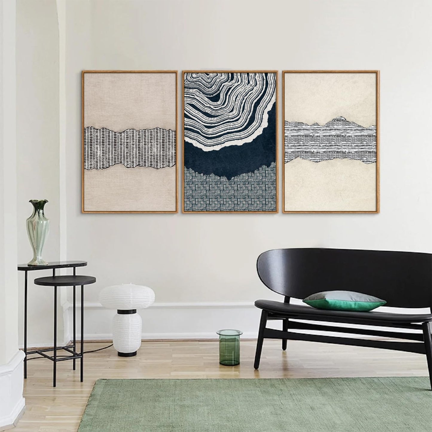 SIGNINART Blue and Beige Framed Canvas Wall Art Set, Neutral Abstract Tree Ring Wall Decor, Minimalist Dots and Line Artwork, Geometric Pattern Art Paintings for Living Room, Bedroom, Office 16"x24"x3