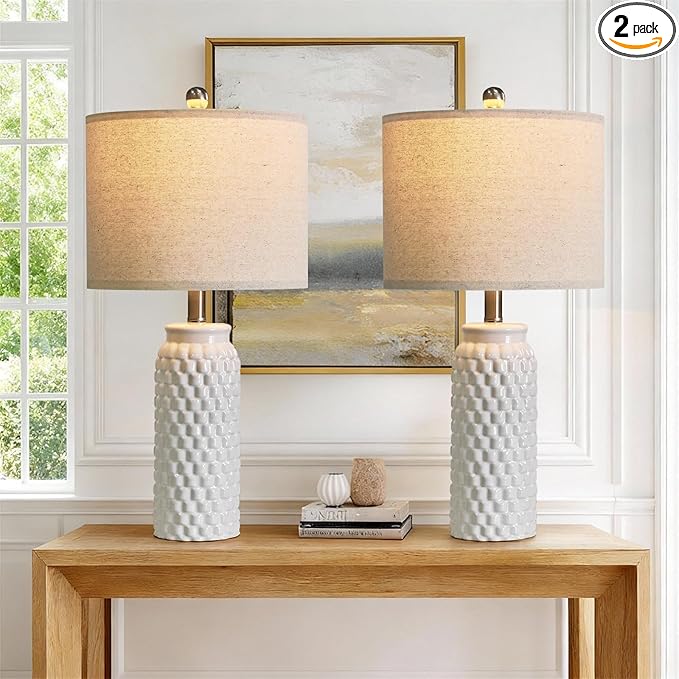 24" Modern Ceramic White Bedside Lamp Set of 2 Table Lamp for Bedroom Decor Farmhouse Table Lamp for Living Room Office Dorm
