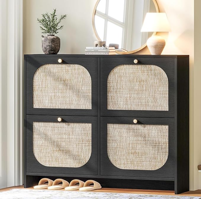Nicetree Freestanding Arched Rattan Accent Ultra Slim Shoe Cabinet for Entryway - 4 Flip Drawers & 3-Tier Adjustable Shelves, Farmhouse Modern Rustic Shoe Rack for Hallway Foyer Living Room,Black