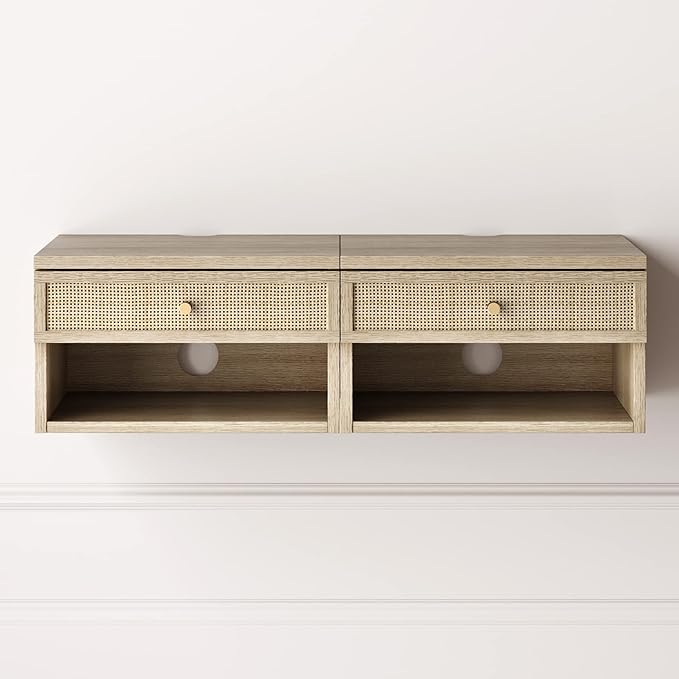 Nathan James Jackson Wall Mounted Rattan Floating Bedroom Nightstand with Storage Drawer and Modern Open Shelf Cubby, Light Oak/Rattan, Set of 2