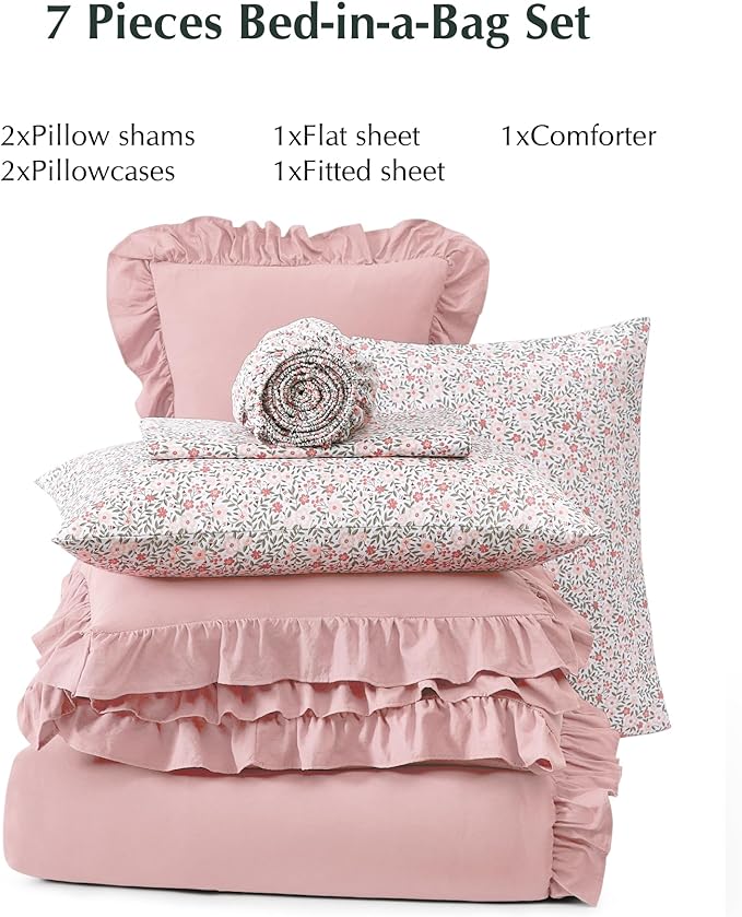 Full Comforter Set - 7 Pieces Ruffle Soft Pink Bedding Sets, Shabby Chic Farmhouse Bed in a Bag Full with Ruffle Comforter, Floral Sheets, Pillowcases & Shams