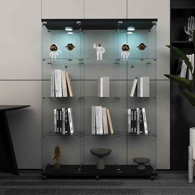 Beauty4U Glass Display Cabinet with LED Lights, Extra Large 3 Columns 2 Doors Curio Cabinets with 12 Shelves for Living Room, Bedroom, Office, Black Floor Standing DIY Glass Bookshelf