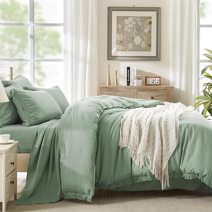 Andency Oversized King Comforter Set Sage Green 120x98-7 Pieces Boho Tassel Bed in a Bag Soft Lightweight Bedding Sets, Fringe All Season Bed Set with Comforter, Sheets, Pillowcases & Shams
