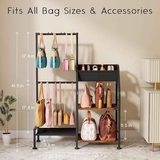 Purse Organizer for Women - 3-Tier Storage Stand & 12 Fixed Hooks, Visible Backpack Storage, Space-Saving Bag Organizer Rack for Home, Closet, Black