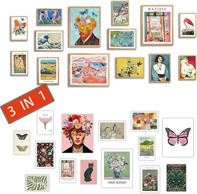 Vintage Eclectic Wall Art, Colorful Bohemian Gallery Wall Art, Retro Maximalist Decor Aesthetic, Funky Eclectic Gallery Wall Art Prints for Bedroom, Famous Artist Painting Pictures (with Beige Frame)