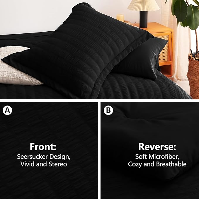 CozyLux Queen Comforter Set Black Seersucker 7 Pieces Bed in a Bag Queen Comforter Set with Sheets, Luxury Soft Bedding Set with Down Alternative Comforter, Sheets, Pillowcases & Shams for All Seasons