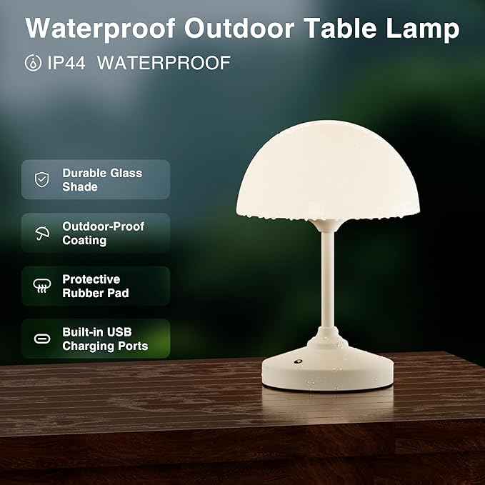 Mushroom Lamp Cordless Lamp Table Lamp,Outdoor Waterproof Shower Lamps,5000mAh Rechargeble Battery Operated Dimmable Touch Desk Lamps,LED Night Light for Bathroom Patio Camping Outdoor(White)