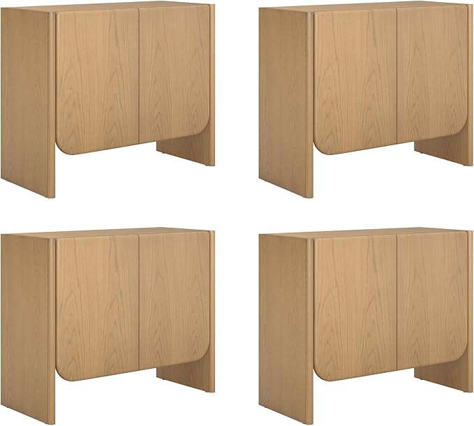 Nathan James Jacala Mid Century Modern Media Console Cabinet or TV Stand, Entryway Storage Cabinet with Doors or Credenza with Wood Frame, Raw Oak, Set of 4