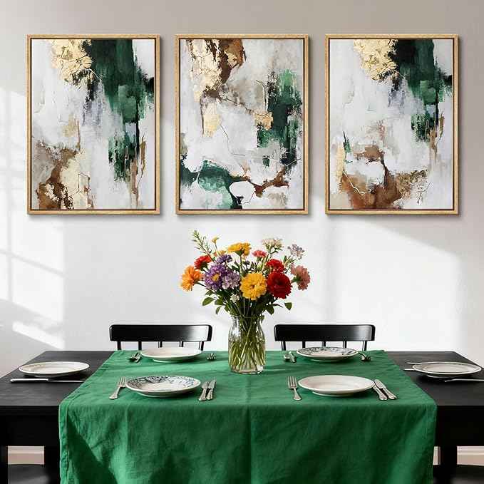 3Pcs Green and Gold Canvas Wall Art Abstract Posters Print Brown Abstract And Gray Line Pictures Decor for Living Room Bedroom Bathroom Home Decoration Unframed