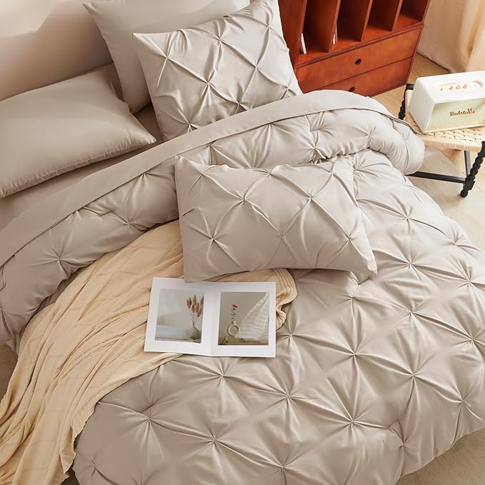 CozyLux King Size Comforter Set Wheat, 7 Pieces Pintuck Bed in A Bag Wheat Comforter King Size, Pinch Pleat Bedding Set with All Season Comforter, Sheets, Pillowcases & Shams