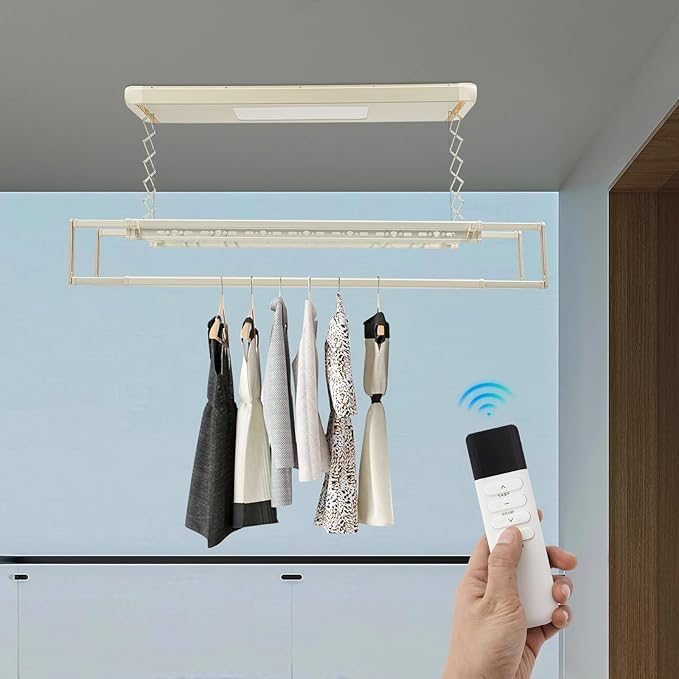 Electric Retractable Airing Rack Off-White Color, Ceiling Clothesline 77lbs Load, Ceiling Mounted Clothes Drying Rack 24W with Remote and Light for Laundry Balcony (Off-White Color)