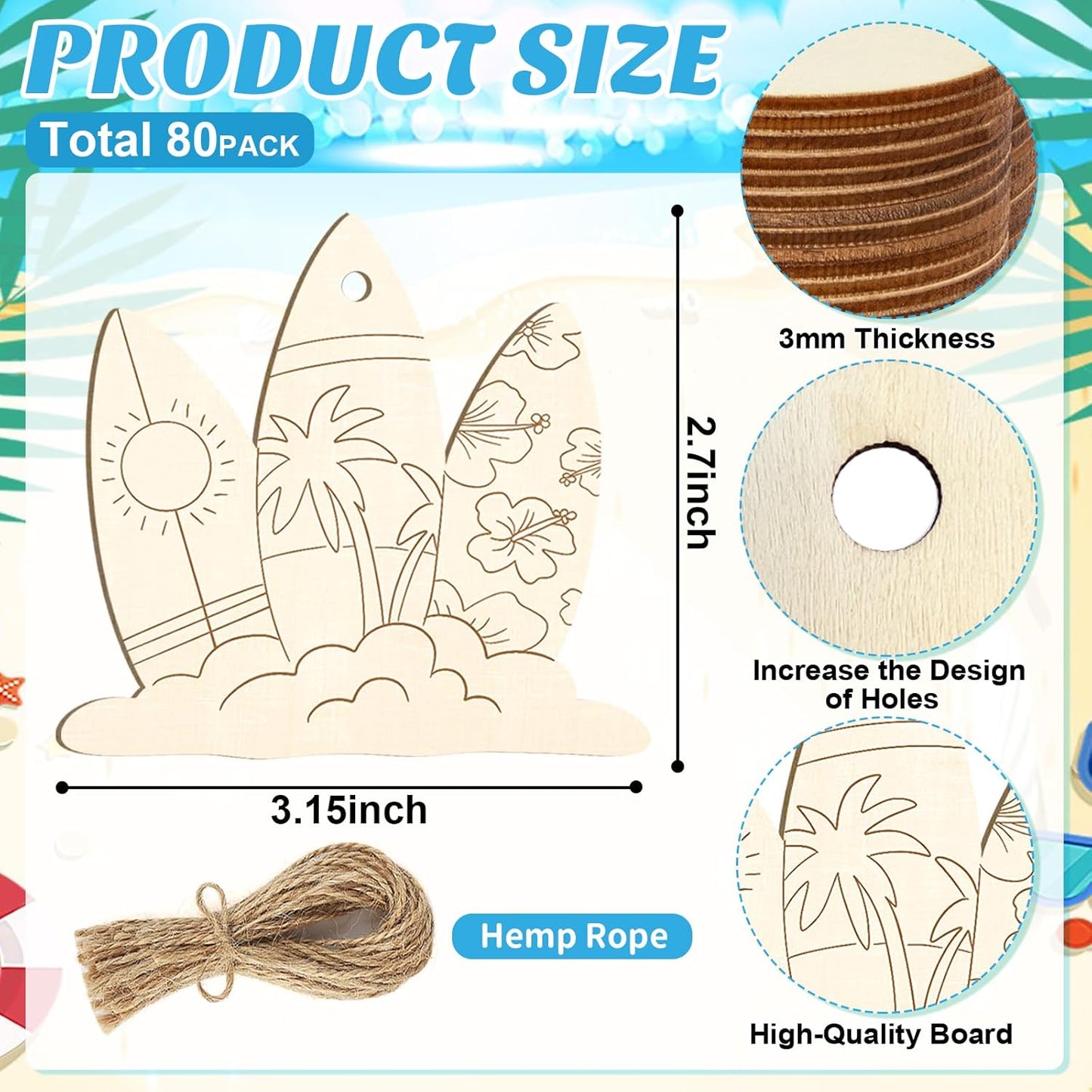 80PCS Wooden Summer Ornaments to Paint, 10 Styles DIY Blank Unfinished Wood Beach Cutouts Ornament for Crafts Hanging Decorations, Watermelon Surfboard Slippers Coconut Tree Home Decorations Gifts