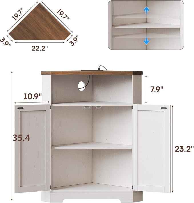 Vabches Farmhouse Corner Cabinet with Charging Station,Small Corner Storage Cabinet with Barn Doors and Adjustable Shelves for Living Room,Bathroom,and Kitchen