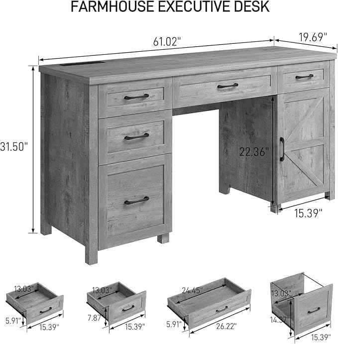 Vabches Farmhouse 61'' Executive Desk with 5 Drawers, Rustic Office Desk Computer Desk with Charging Station, File Drawers and Storage Cabinet, Wood Workstation for Home Office and Study,Grey.