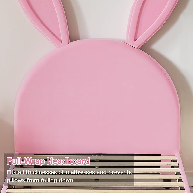 VECELO Twin Size Bed Frame with Storage Organizer, Heavy-Duty Platform with Rabbit Shaped Headboard for Girls Kids Room, Storage Organizer, Easy Assembly, Pink