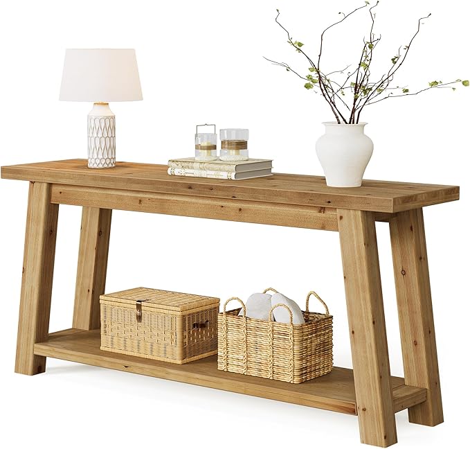 LITTLE TREE 70.9" Solid Wood Console Table for Entryway, 2-Tier Sofa Table Behind Couch, Farmhouse Entryway Table for Living Room, Bedroom, Foyer