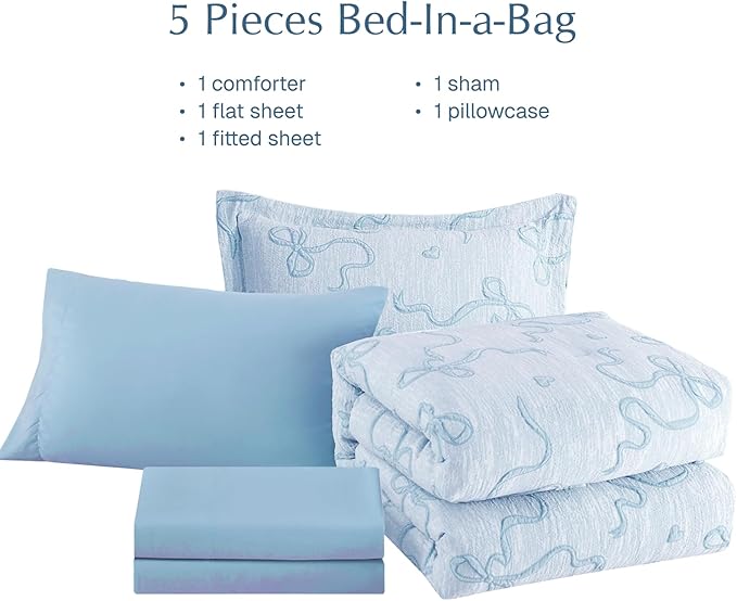 Geniospin Light Blue Twin Comforter Set for Girls- 5 Pieces Bowknot Jacquard Bed in A Bag Twin Bedding Sets with Sheets, Pillowcases & Shams, All Season Kids Comforter Set