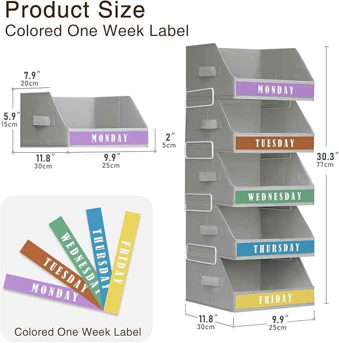 Closet Organizers and Storage - 5 Tier Shelf Organizer wiht Weekly Labels, Stackable Storage Bins with Metal Frame, Grey & Beige