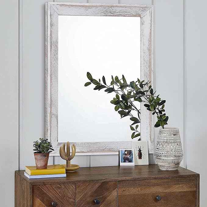 AAZZKANG Mirrors for Wall Rustic Wood Framed Hanging Mirror 26"x18" Decorative for Farmhouse Bedroom Bathroom Living Room Entryway Hallway White
