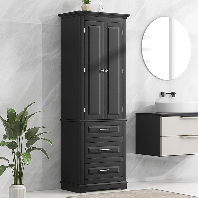 70" Tall Storage Cabinet Kitchen Pantry Cupboard with Two Doors and Three Drawers, Freestanding Shelf Organizers Unit for Home, Bathroom and Living Room, White