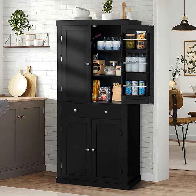 Iwell 72” Kitchen Pantry Cabinet, Tall Storage Cabinet with 6 Hanging Shelves and Adjustable Shelves, Freestanding Cupboard with 4 Doors and 1 Drawer for Kitchen, Dining Room,Living Room, Black