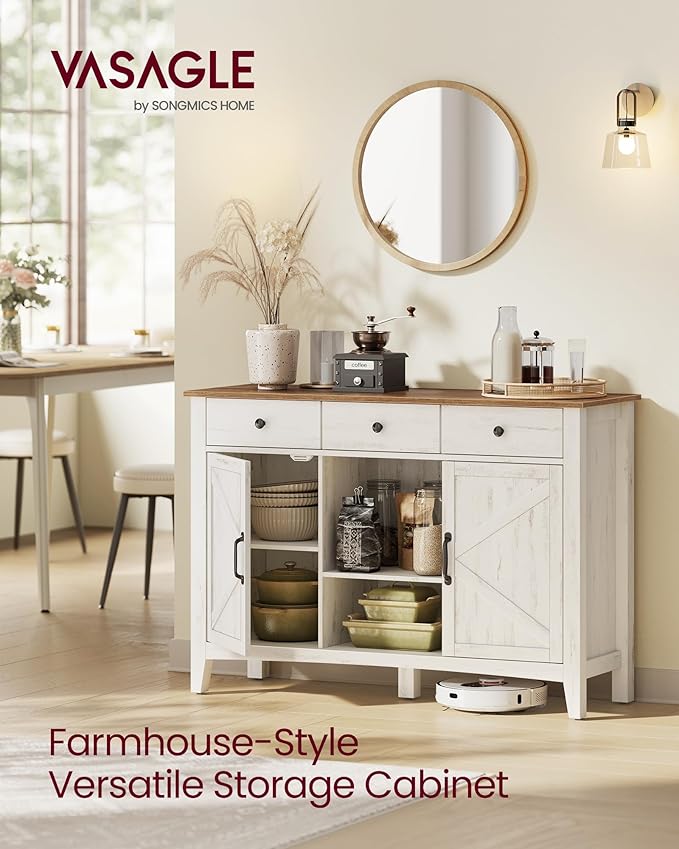 VASAGLE LIRY Collection - Buffet Cabinet, Coffee Bar Cabinet with 3 Drawers, Adjustable Shelves, Sideboard Storage with Cable Holes, Drawer Dividers, Rustic White and Honey Brown UBBK371W01V1