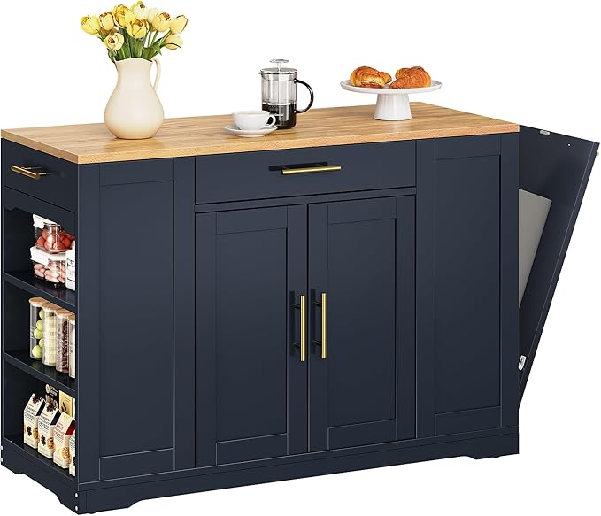 YITAHOME 53 inch Large Rolling Kitchen Island with Trash Can Storage Cabinet, Portable Mobile Islands Table Long Floating Movable w Wheels Cabinet for 13 Gallon Garbage Bin 2 Drawer, Navy Blue
