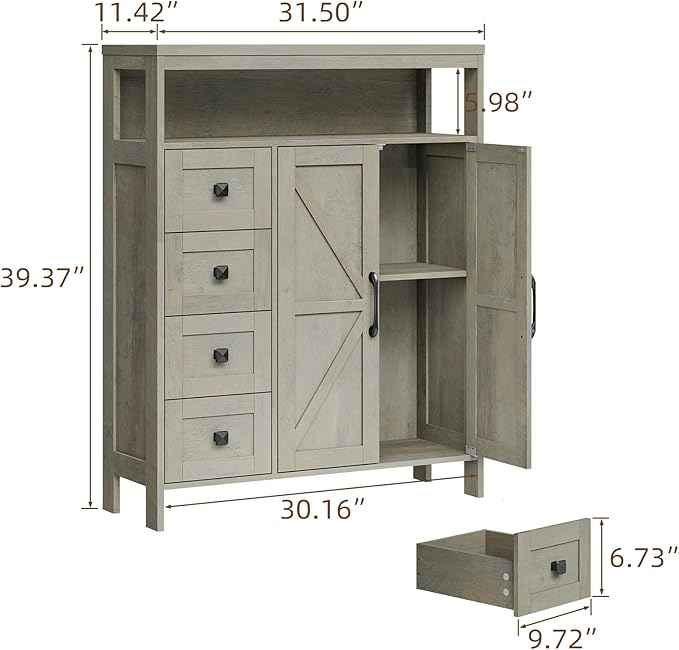 Farmhouse Storage Cabinet with 2 Doors and 4 Drawers, Freestanding Bathroom Storage Cabinet Kitchen Pantry Cabinet, Floor Cabinets Hutch Cupboard for Kitchen/Living Room/Bathroom.Grey Oak.