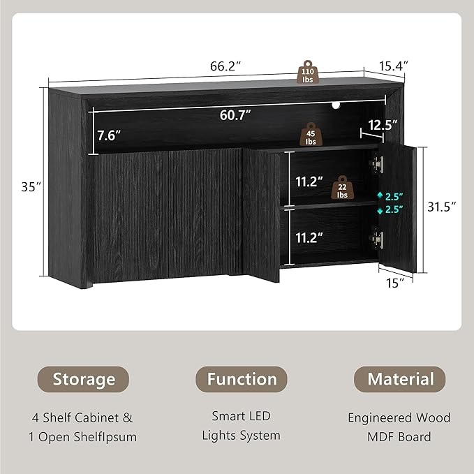 Feonase Buffet Cabinet with Storage & Led Lights, 66.2" Modern Sideboard Cabinet with 4 Doors & Shelves, Fluted Media Console Mid Century, Coffee Bar Table for Dining Room Kitchen, Dark Grey