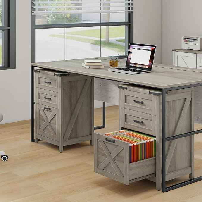 Vabches Vertical File Cabinet with 3 Drawers, Wooden Farmhouse Filing Cabinet for Letter/A4 Size Hanging Files, Under Desk Printer Stand with Storage for Home Office, Grey