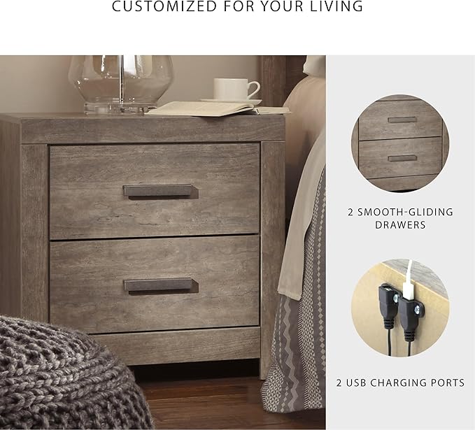 Signature Design by Ashley Culverbach Modern 2 Drawer Nightstand with 2 USB Charging Stations, 24.37" Tall, Weathered Gray