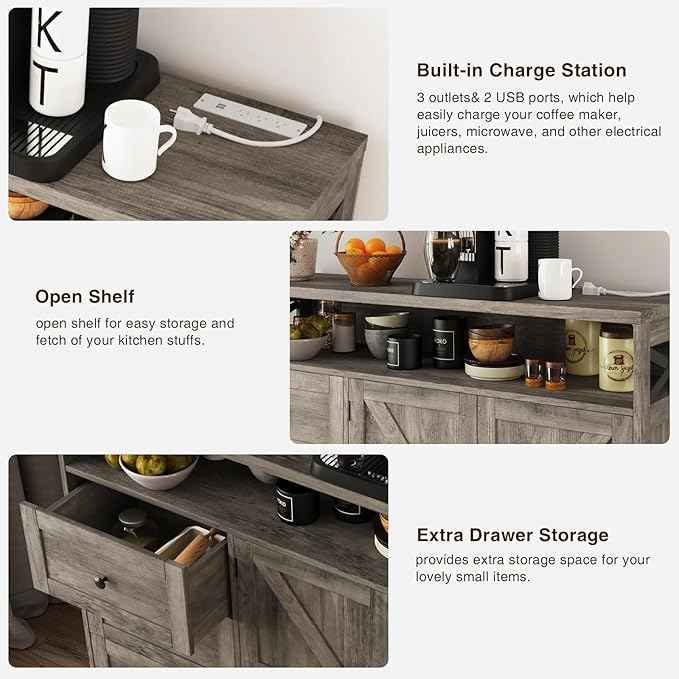 Vabches 47''W Farmhouse Sideboard Buffet Cabinet with Charging Station and 3 Drawers, Coffee Bar with Adjustable Shelf, Rustic Accent Cabinet with Storage for Kitchen, Living Dining Room, Rustic Grey