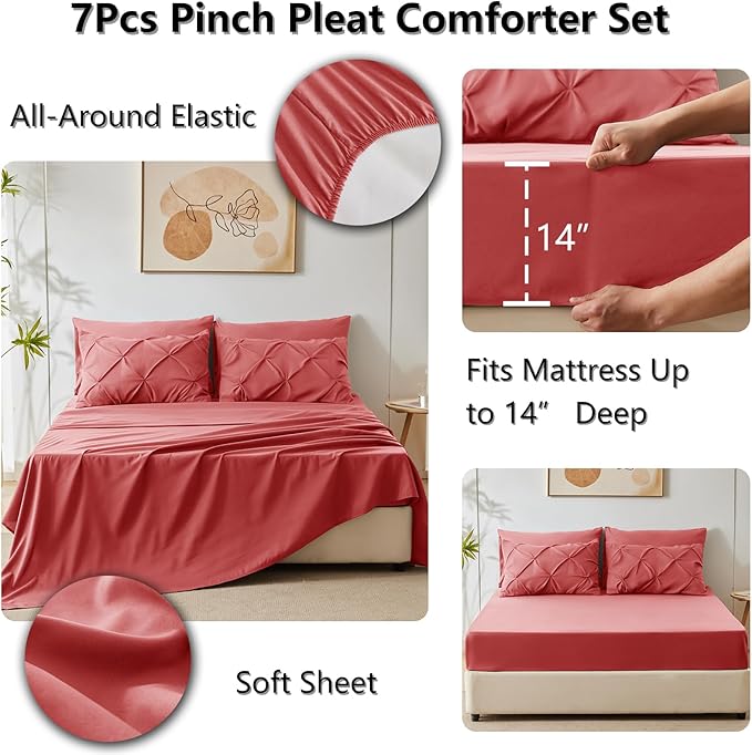 CozyLux Full Size Comforter Sets Coral, 7 Pieces Pintuck Bed in A Bag Coral Comforter Full Size, Pinch Pleat Bedding Sets with All Season Comforter, Flat Sheet, Fitted Sheet, Pillowcases & Shams