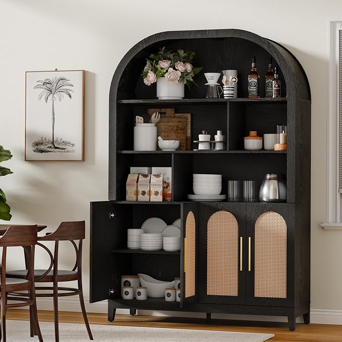 71" Arched Tall Wood Storage Cabinet - 5-Tier Rattan Door Pantry Organizer with Divider Shelf & Gold Handles, Versatile Bookcase for Living Room & Kitchen, Jet Black