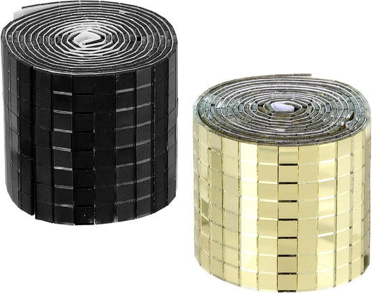 MECCANIXITY Self Adhesive Glass Mirror Mosaic Tiles 3200 Pcs 5 x 5 mm Disco Tiles for Craft Decoration Glass Mirror Disco Ball 2 Rolls (Black/Gold)