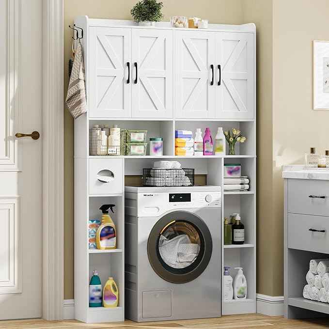 Vabches Over The Toilet Storage Cabinet with 4 Barn Doors, Bathroom Organizer with Toilet Paper Holder & Adjustable Shelves, Space-Saving Farmhouse Toilet Shelf for Bathroom,Restroom,Laundry