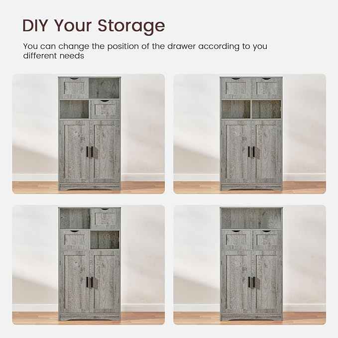 Iwell Storage Cabinet with 2 Drawers & 2 Adjustable Shelves, Kitchen Cabinet, Cupboard, for Living Room, Kitchen, Entryway, Home Office, Grey