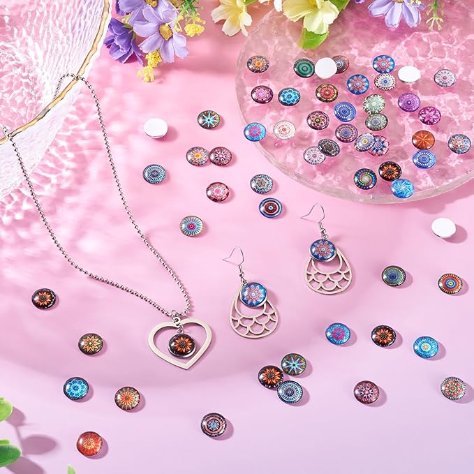 Craftora 100Pcs Flower Printed Glass Cabochons for Jewelry Making, Mixed Color Half Round Cameo Dome Tiles Mosaic Printed Flatback Dome Cabochons for Photo Cameo Pendant Scrapbooking DIY Crafts