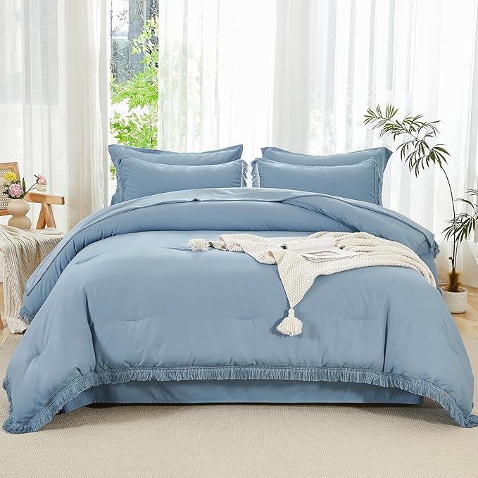 Andency Oversized King Comforter Set Grayish Blue 120x98-7 Pieces Boho Tassel Bed in a Bag Soft Lightweight Bedding Sets, Fringe All Season Bed Set with Comforter, Sheets, Pillowcases & Shams