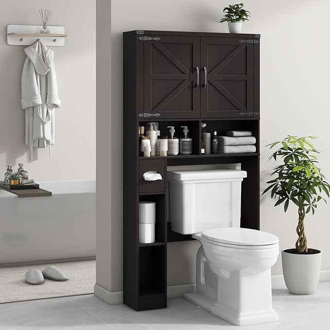 Vabches Over The Toilet Storage Cabinet, Farmhouse Storage Cabinet Over Toilet with 2 Barn Doors & Toilet Paper Holder Stand，Home Space-Saving Toilet Rack, for Laundry, Restroom, Bathroom.Walnut
